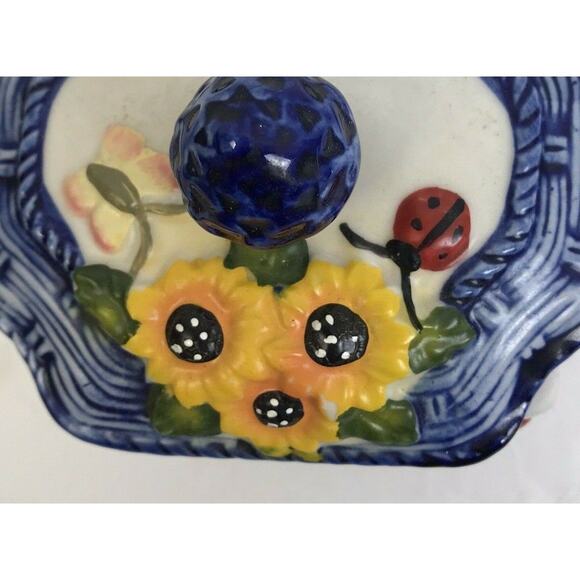 Ceramic Tea anister Caddy Blue Yellow Duck Black Eyed Susan Asian Trinket Box - Picture 4 of 7